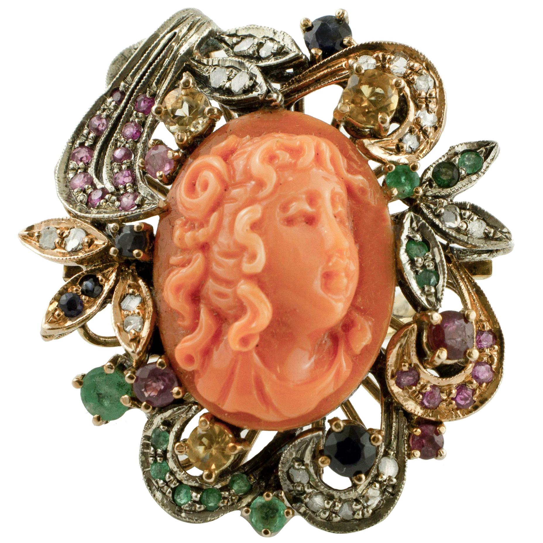 Engraved Coral Diamonds, Rubies, Emeralds Sapphires, Rose Gold/Silver Ring