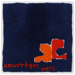 COURRÈGES - Écharpe carrée bleu marine et orange avec logo peint, circa années 1970