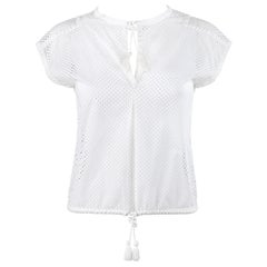 COURREGES c.1980's Extended Shoulder White Eyelet Embroided Drawstring Top 