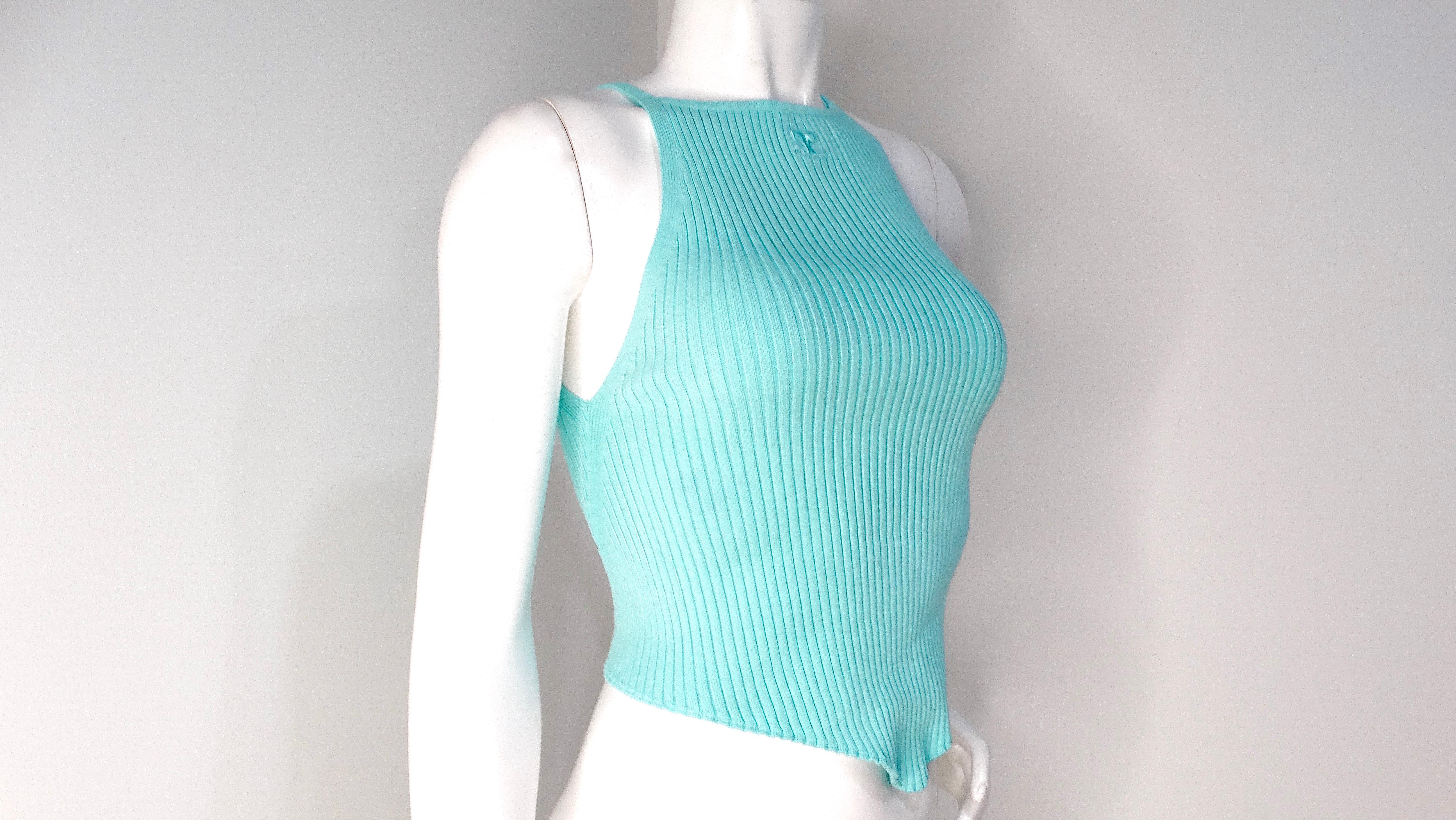 Bleu Courreges Ribbed Knit Pointed Hem Teal Tank Top en vente