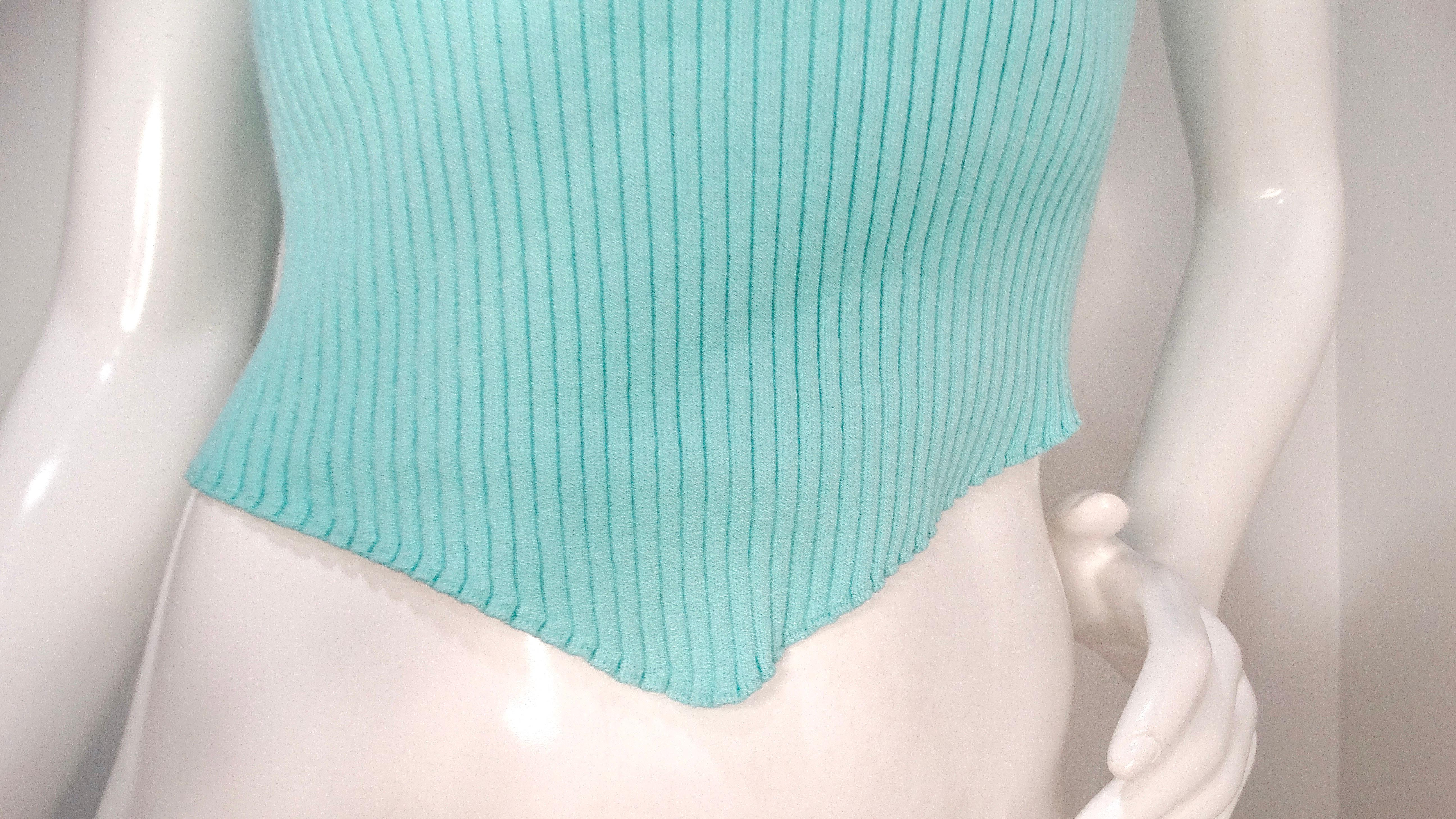 Courreges Ribbed Knit Pointed Hem Teal Tank Top État moyen - En vente à Scottsdale, AZ