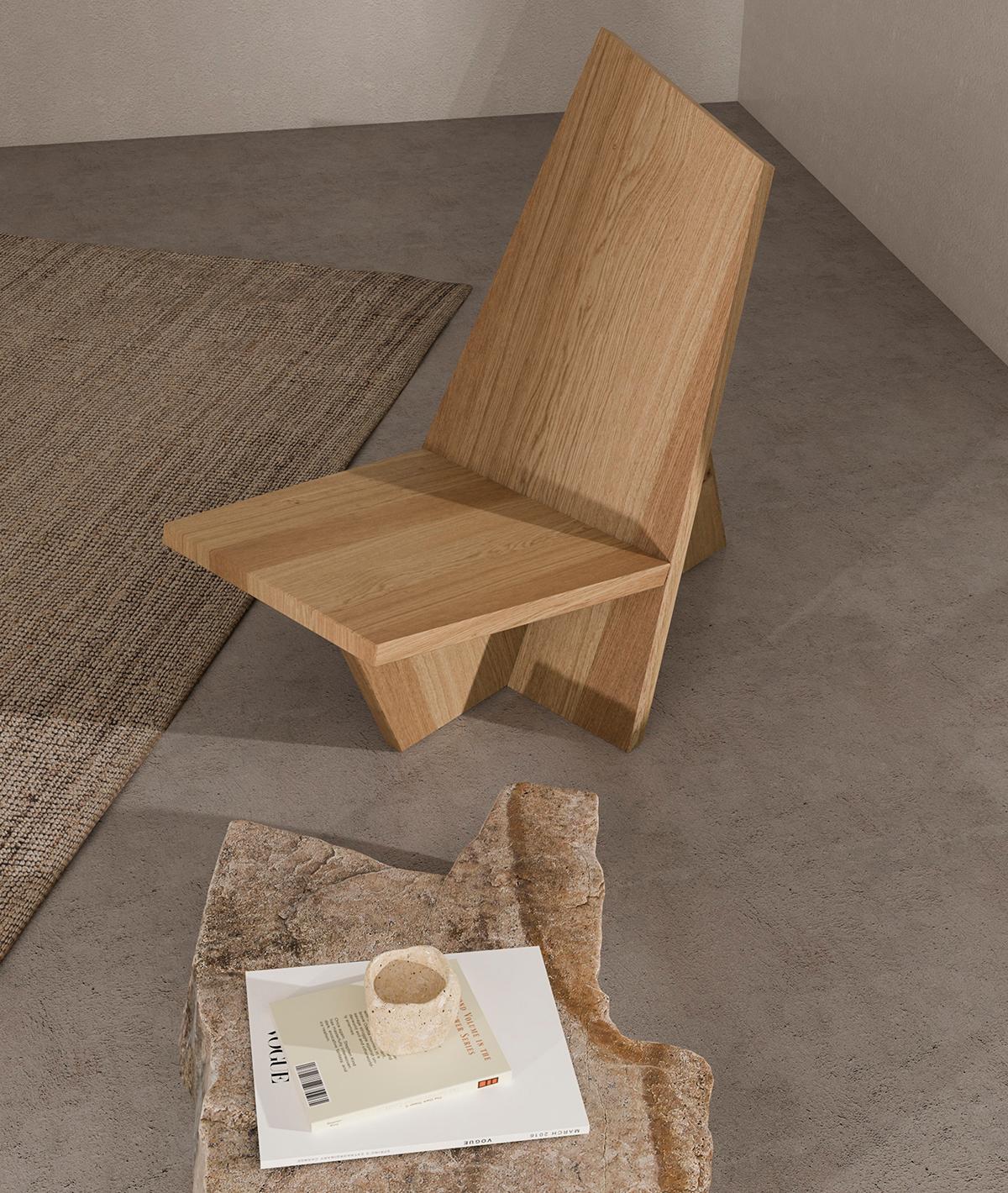 The crooked lounge chair forms part of The Crooked collection, an ongoing series of asymmetric
and angular furniture pieces launched in 2020.


Dimension:
51cm x 89cm x 79cm (H). Seat H 33

Additional info:
The wooden box is not included in