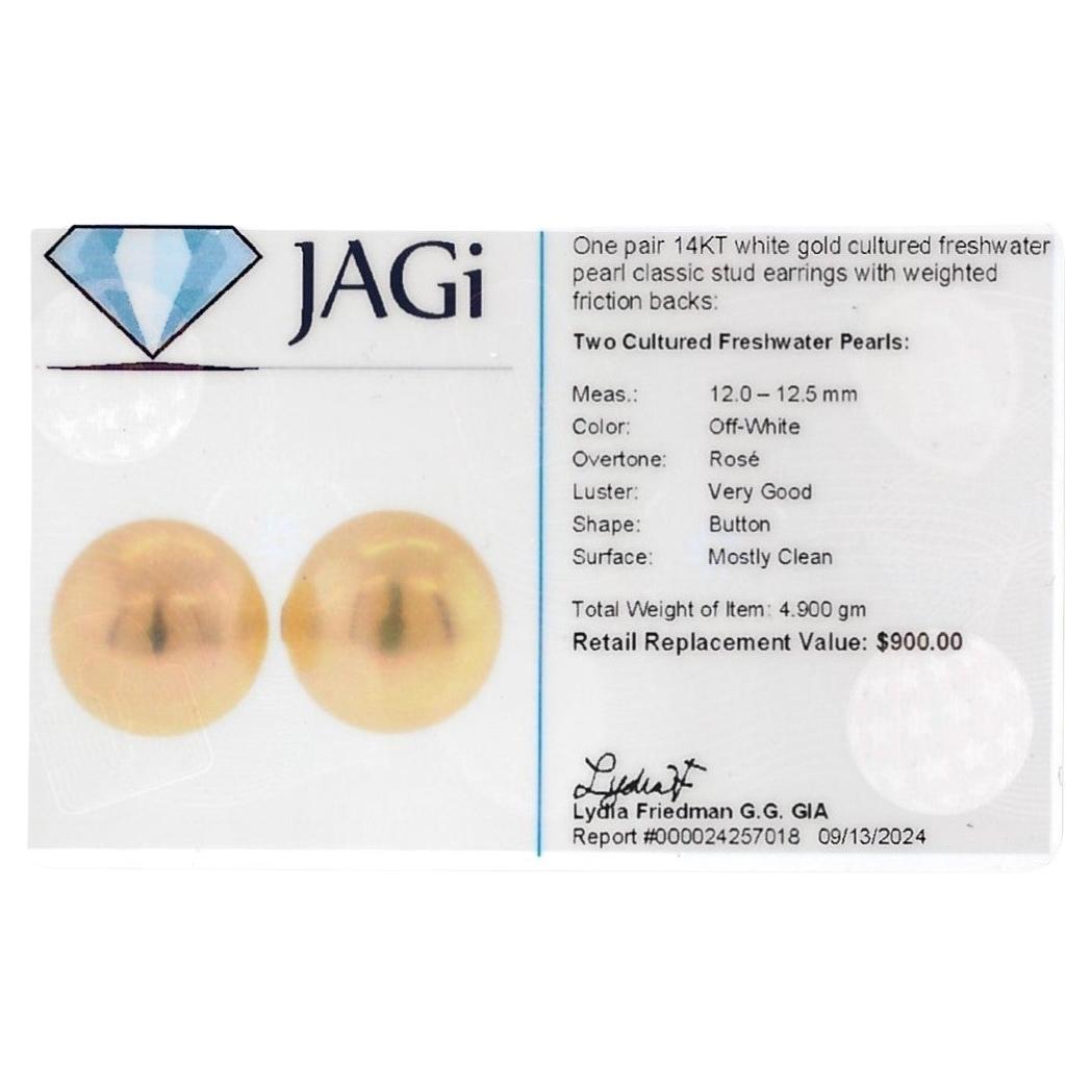 Cultured Freshwater Pearl Classic 12.5 mm Stud Earrings in 14 Karat White Gold  For Sale 3