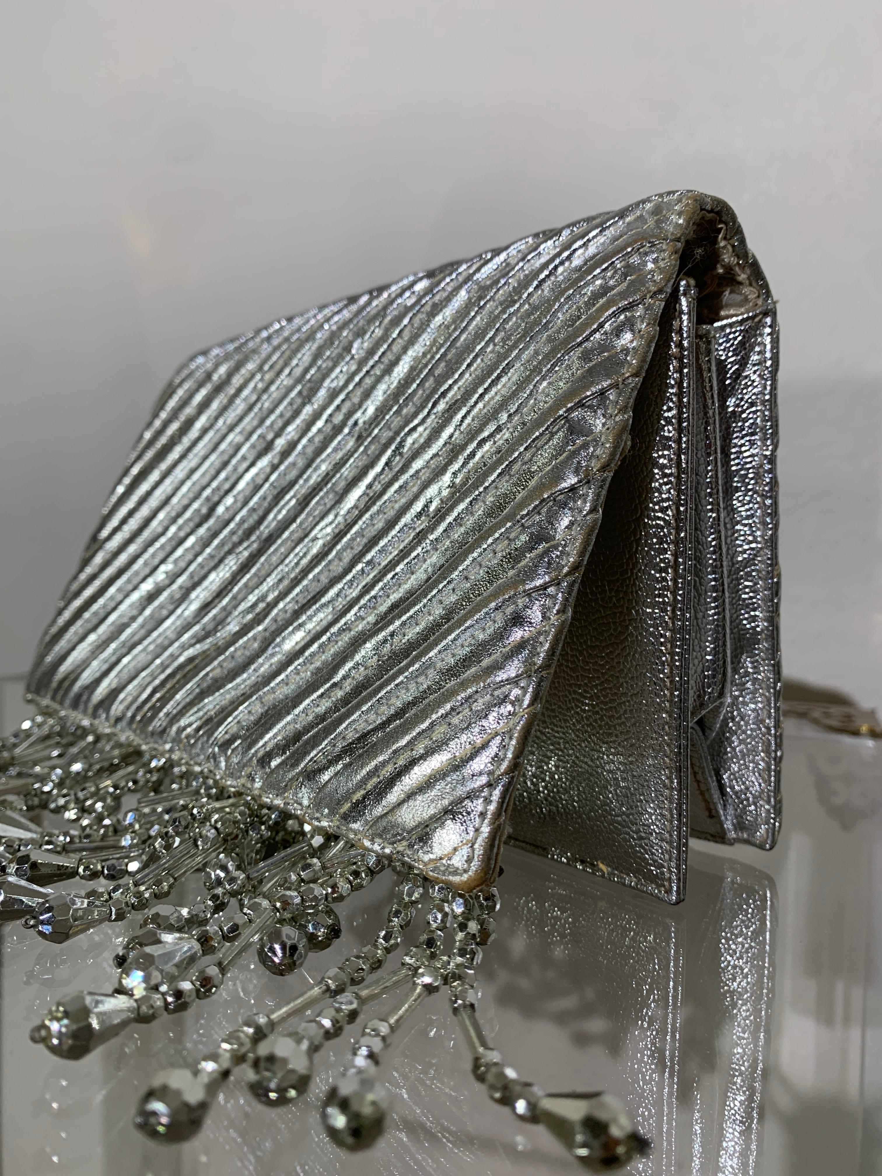 Custom-Made Silver Metallic Quilted Leather Envelope Clutch w/ Silver Fringe For Sale 6