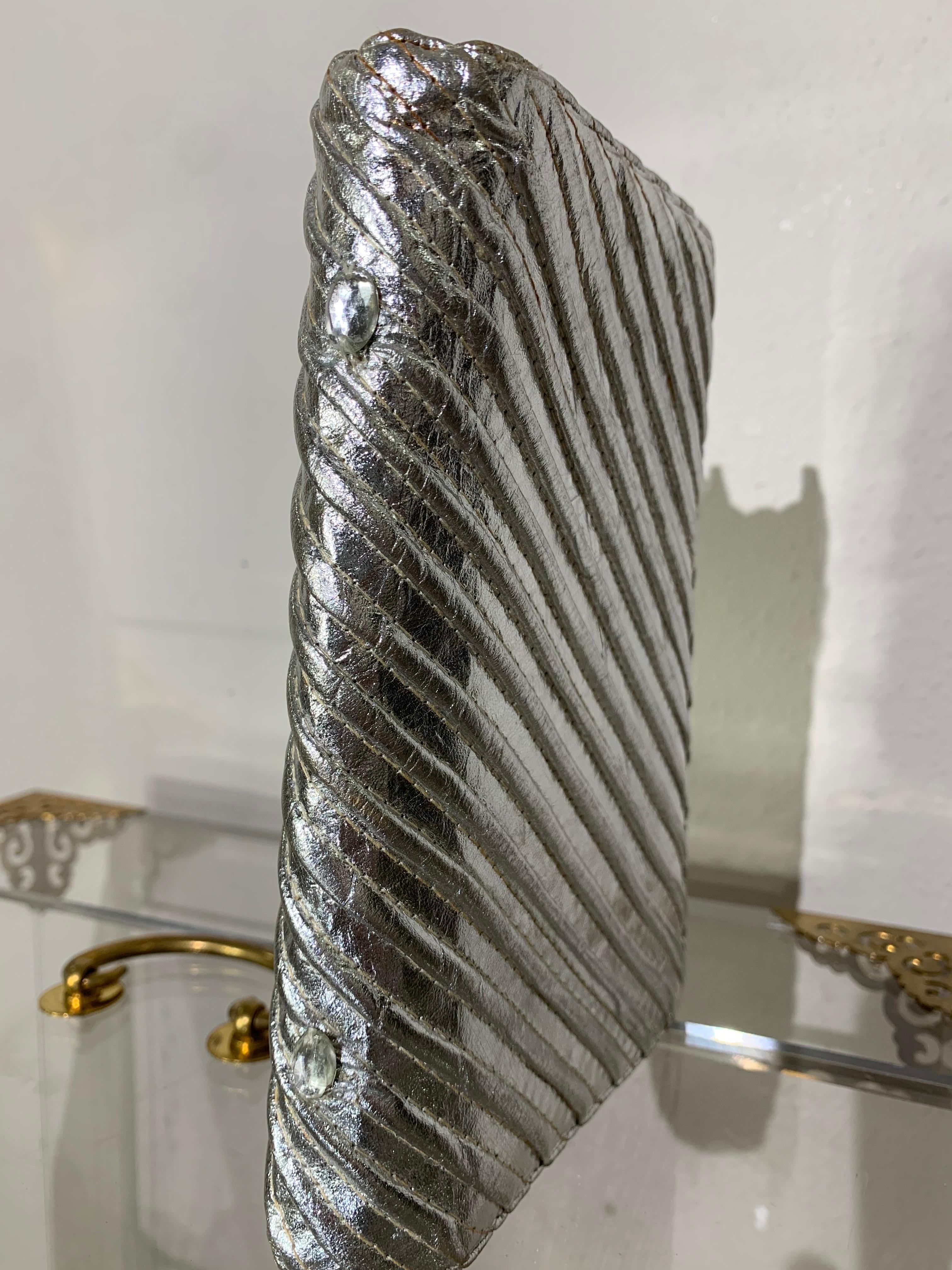 Custom-Made Silver Metallic Quilted Leather Envelope Clutch w/ Silver Fringe For Sale 7