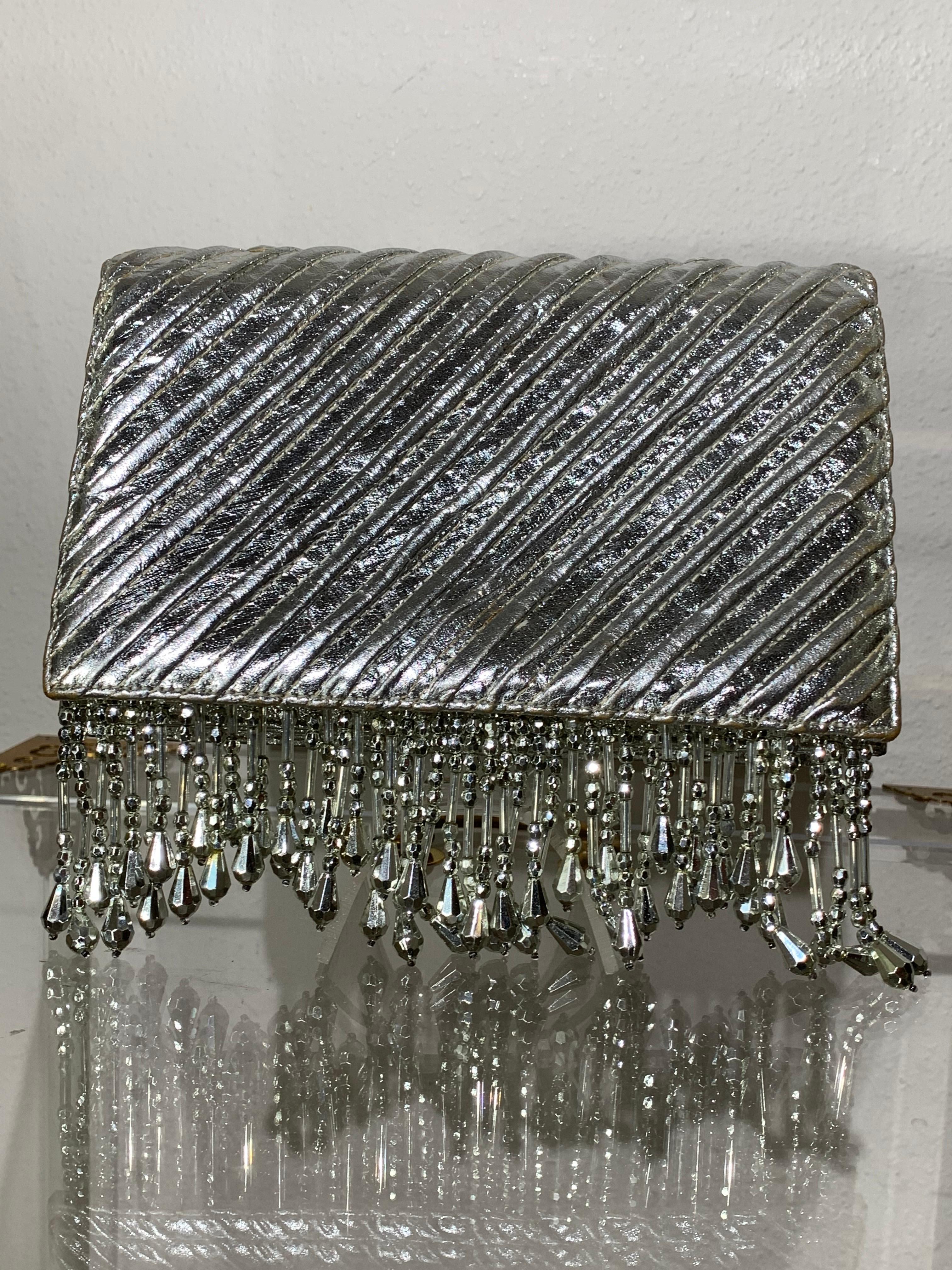 Custom-Made Silver Metallic Quilted Leather Envelope Clutch w/ Silver Fringe In Excellent Condition For Sale In Gresham, OR