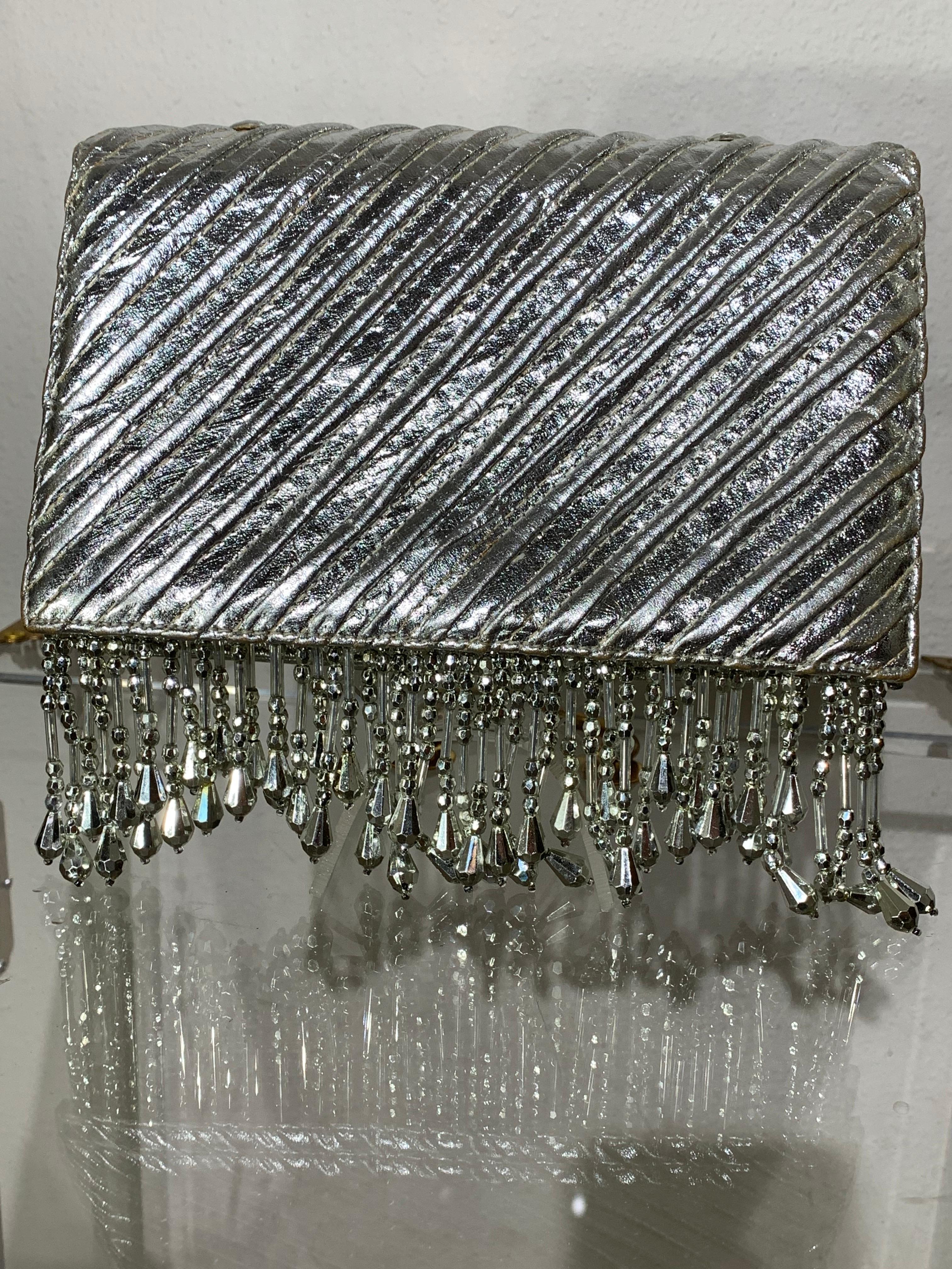 Women's Custom-Made Silver Metallic Quilted Leather Envelope Clutch w/ Silver Fringe For Sale