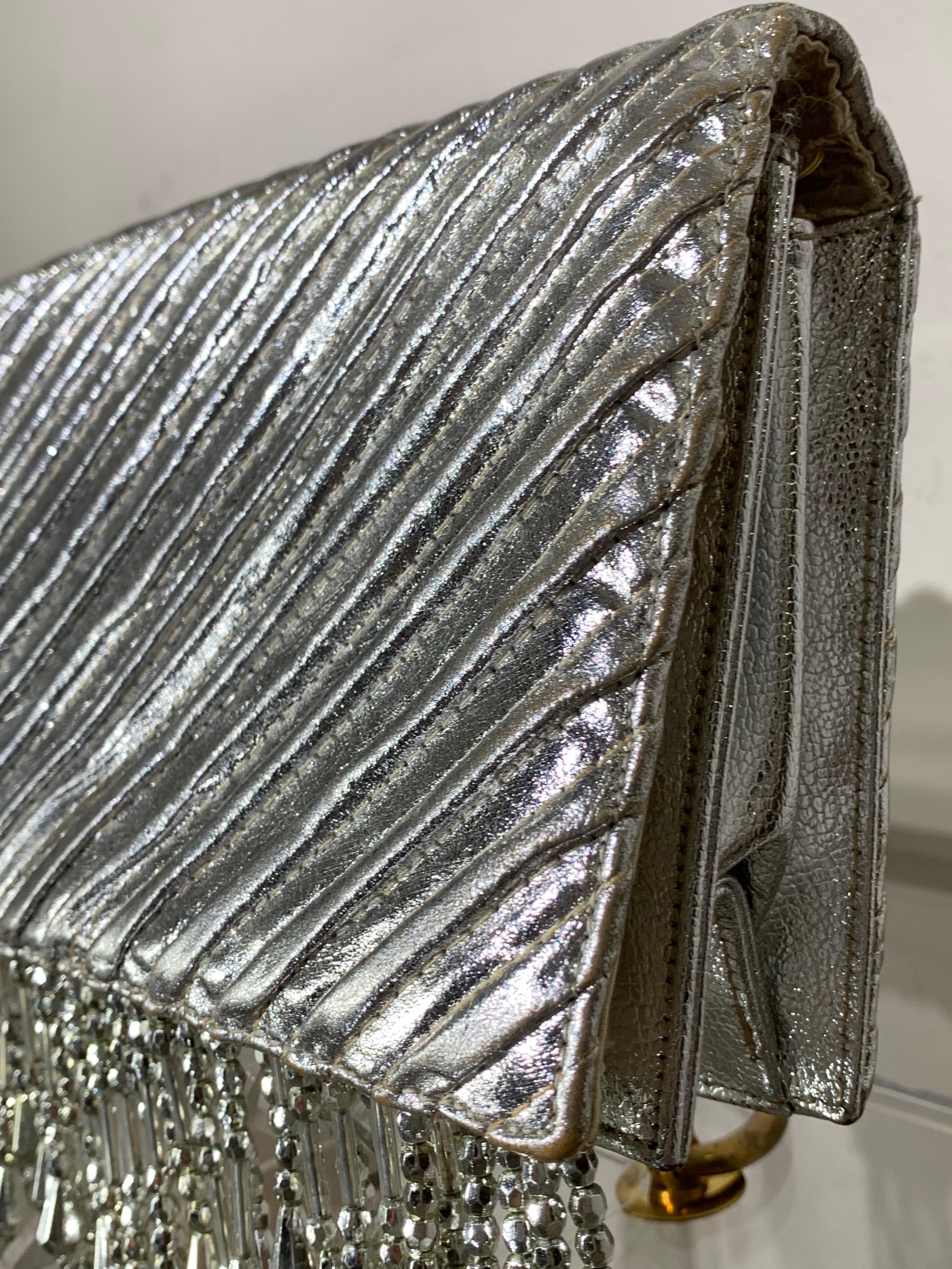 Custom-Made Silver Metallic Quilted Leather Envelope Clutch w/ Silver Fringe For Sale 1