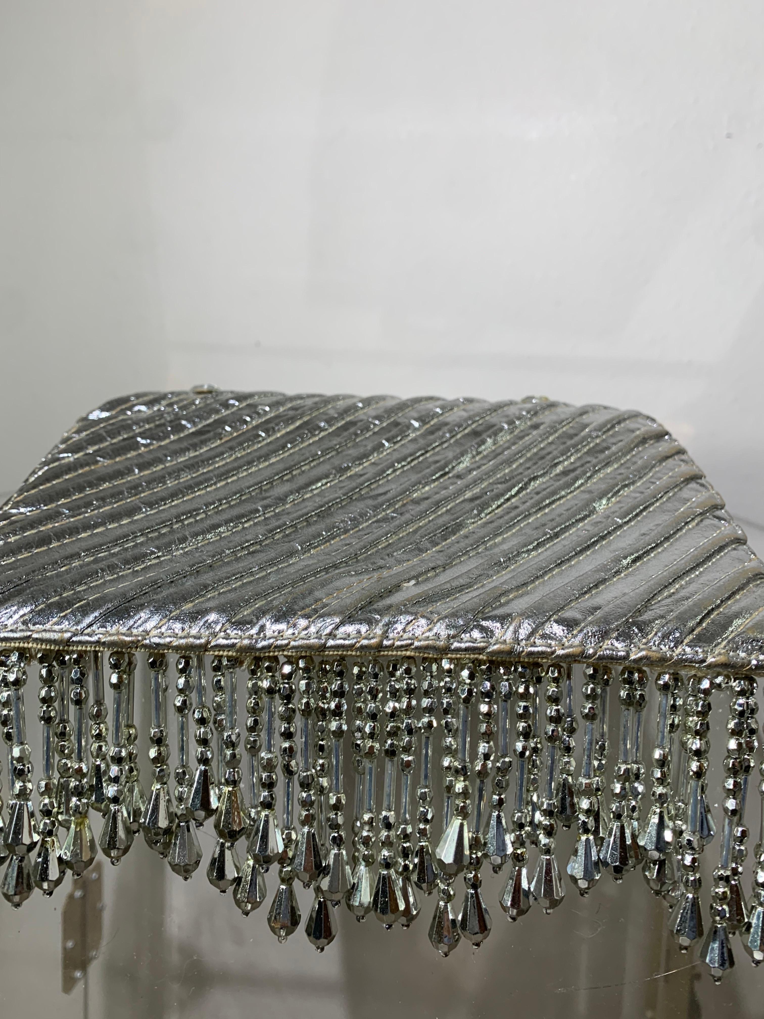 Custom-Made Silver Metallic Quilted Leather Envelope Clutch w/ Silver Fringe For Sale 5