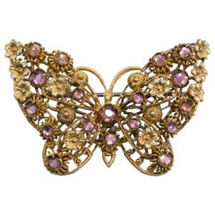 Czechoslovakian Gilt Brass and Purple Crystal Intricate Butterfly Brooch, Pin