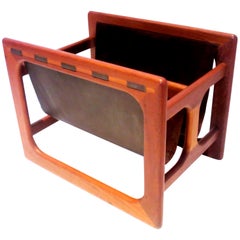 Danish Modern Leather and Teak Sculpted Double Magazine Rack