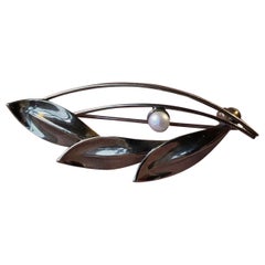 Danish Modernist Leaf Brooch in Gold and with Akoya Pearl by Herman Siersbøl