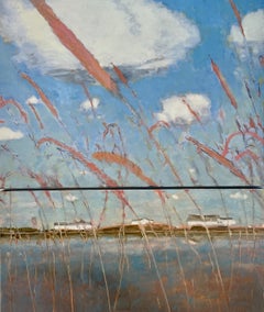 Inlet - Contemporary Landscape Wheat Field Blue Sky White Clouds Water, 2023