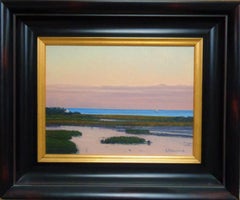    Salmagundi Club Artist with Club Label Dennis Sirrine Seascape Sunset Boat