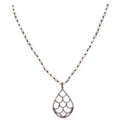 Diamond Sterling Silver Tear Drop Pendant Pearl Necklace