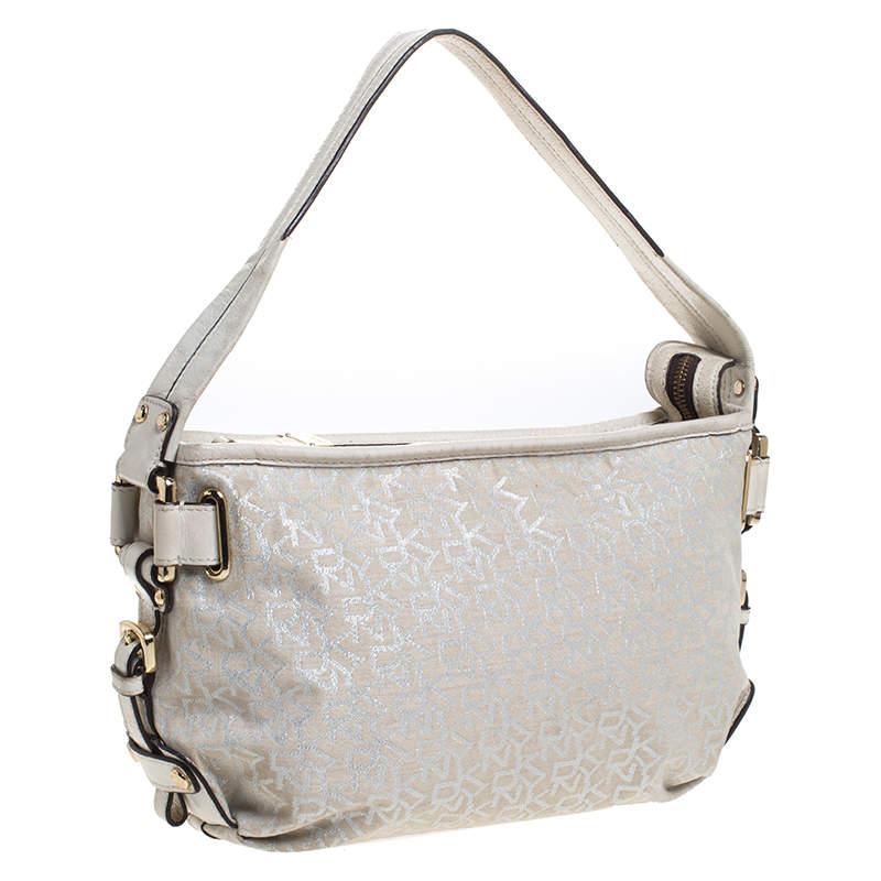 Gray Dkny Ivory Signature Fabric and Leather Shoulder Bag For Sale