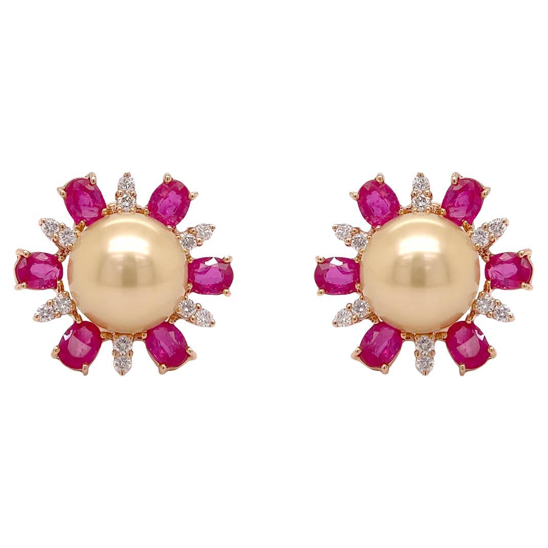 Earrings 18kt Gold Pearls with Sapphires & Diamonds Flowers