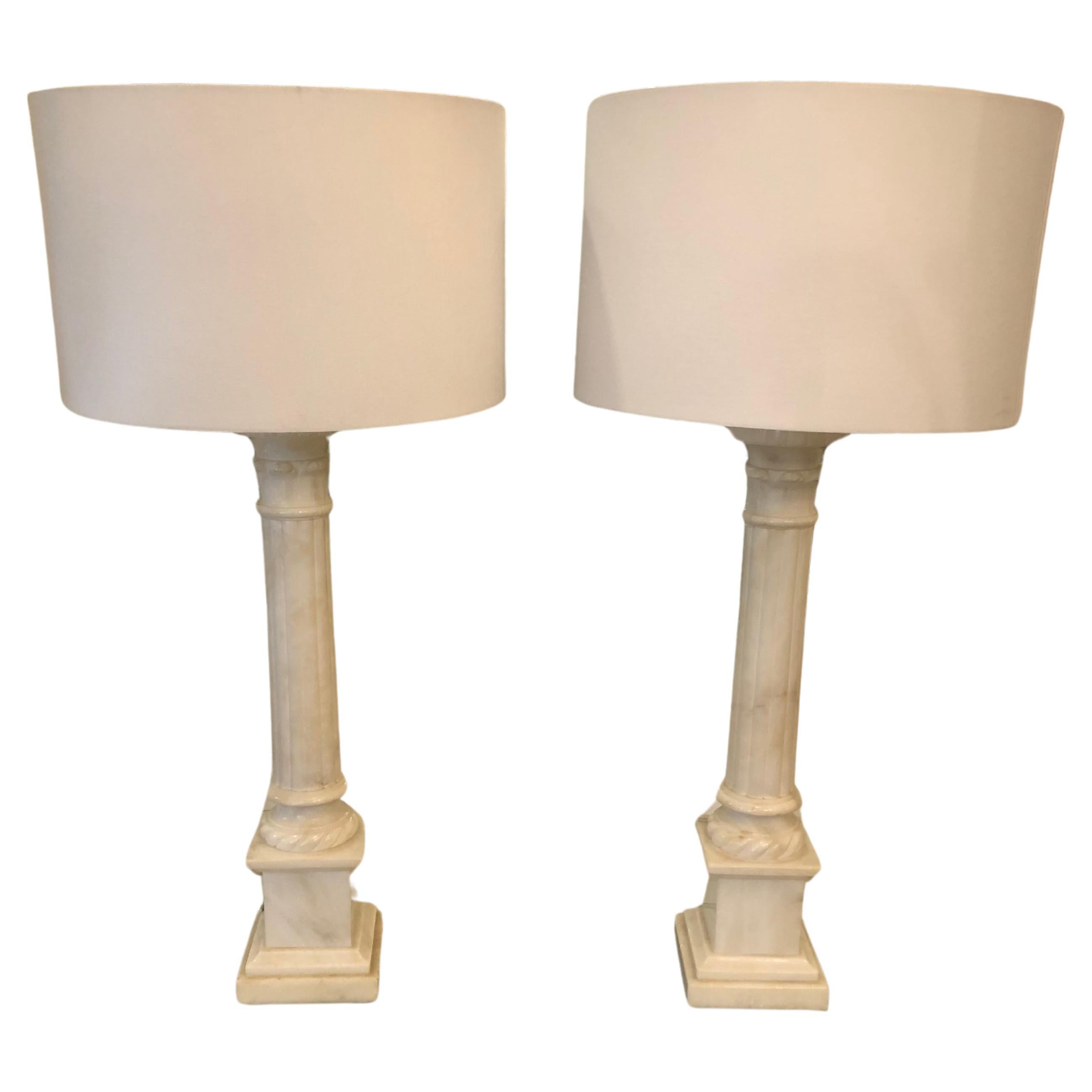 Elegant Large Pair of Vintage Italian Carved White Marble Lamps