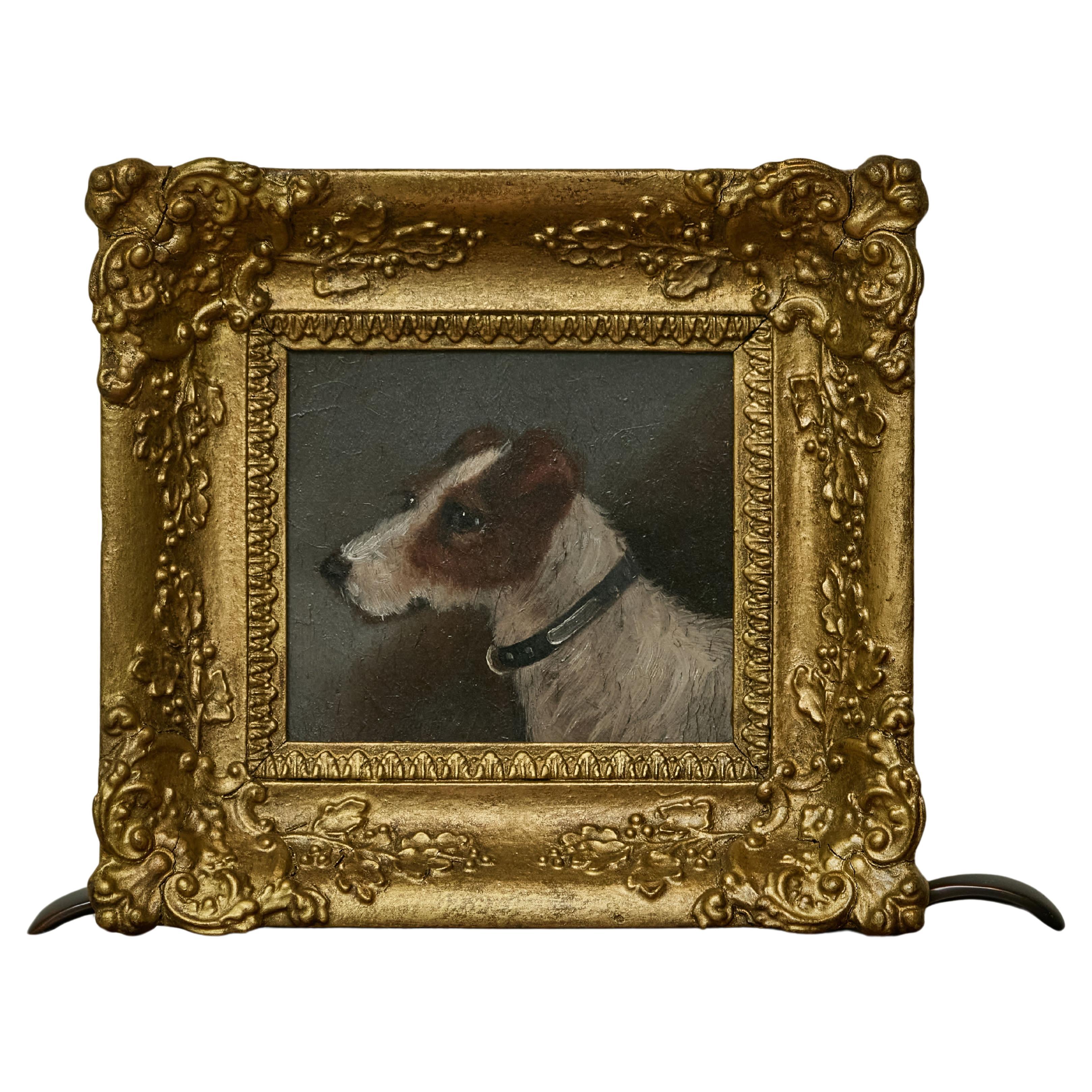 English 19th Century Oil on Board Painting of a Terrier Dog in Carved Gilt Frame