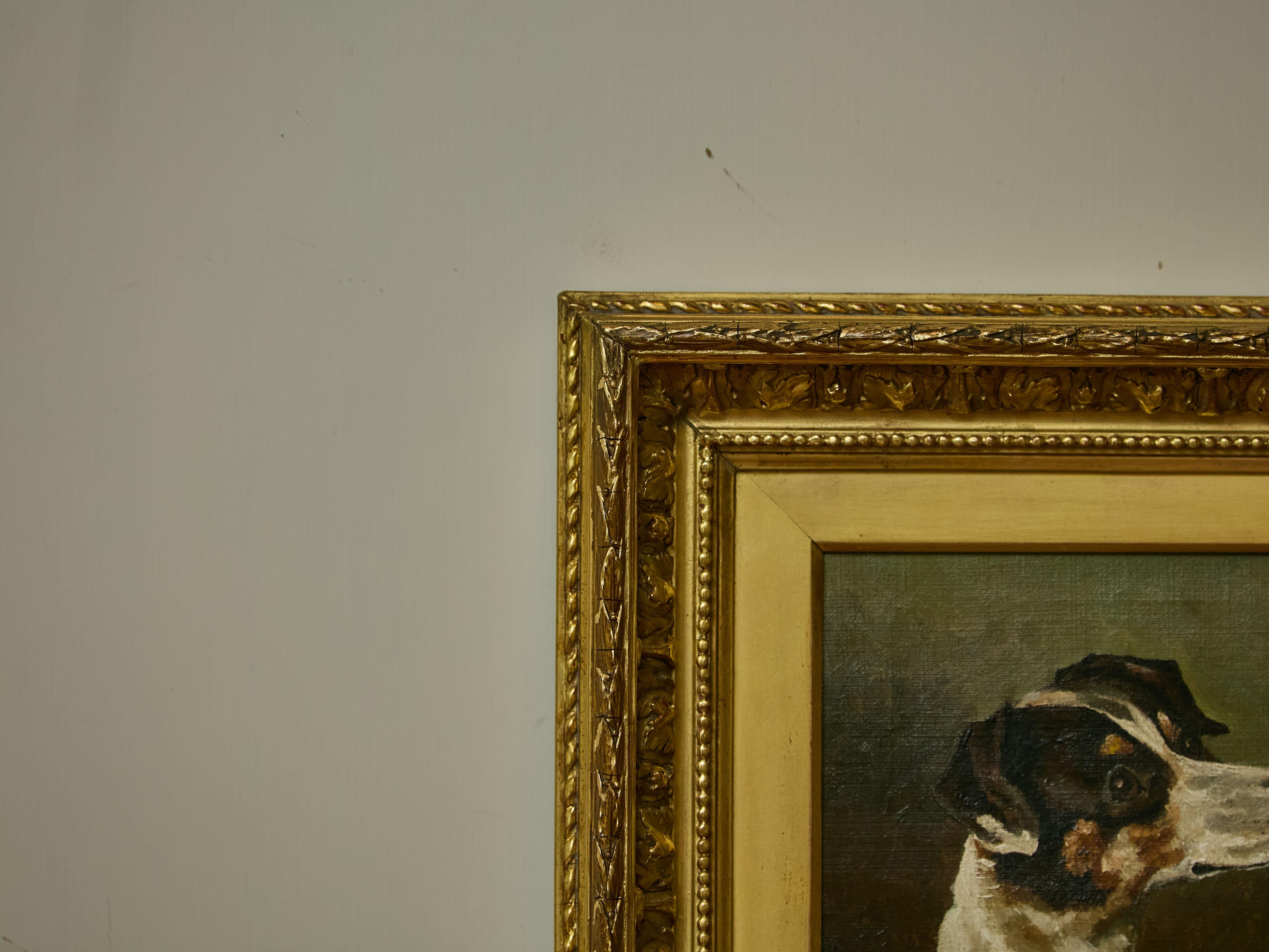 Carved English 19th Century Oil on Canvas Painting of a Terrier Dog in Gilded Frame For Sale