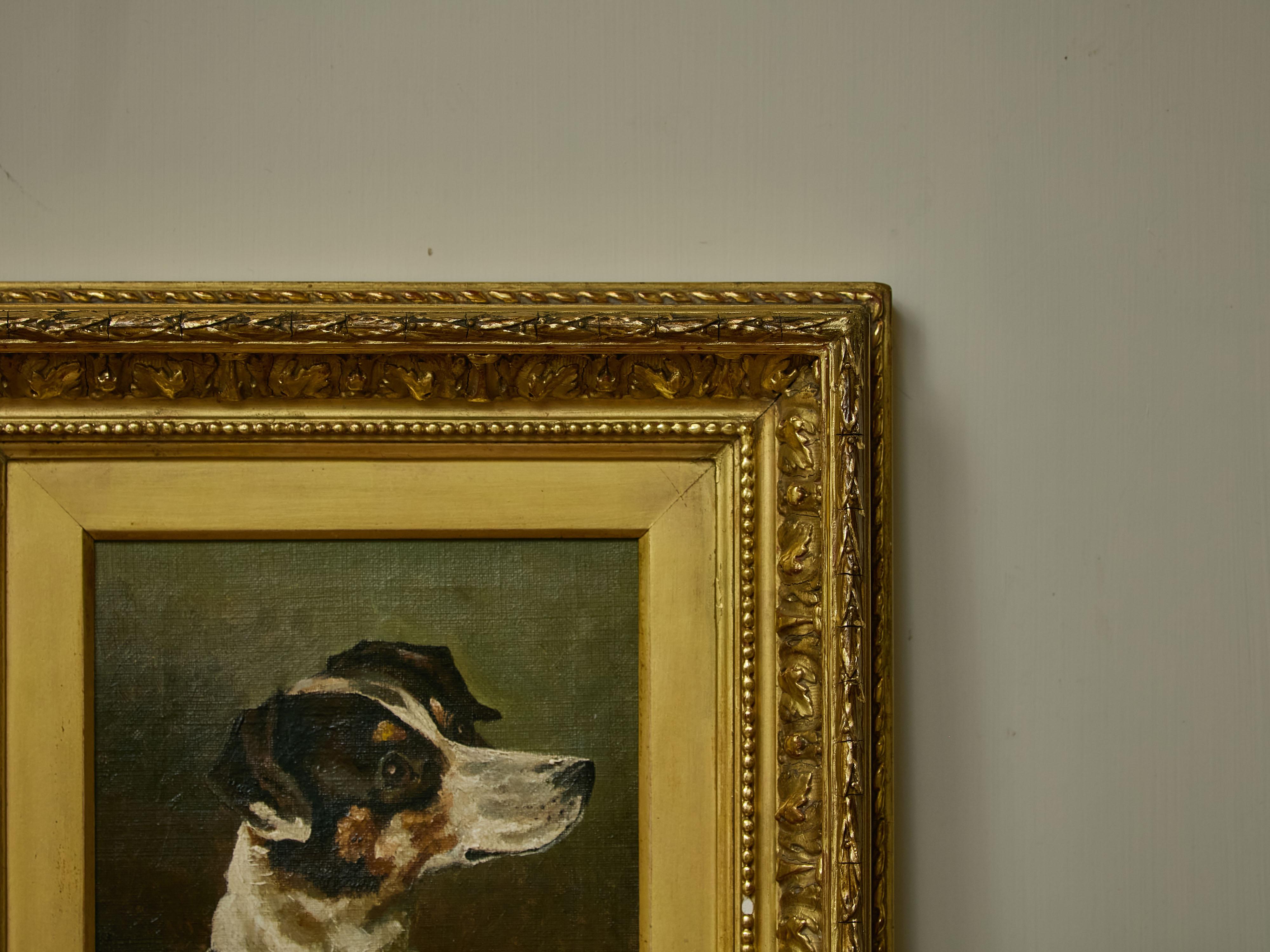 English 19th Century Oil on Canvas Painting of a Terrier Dog in Gilded Frame In Good Condition For Sale In Atlanta, GA