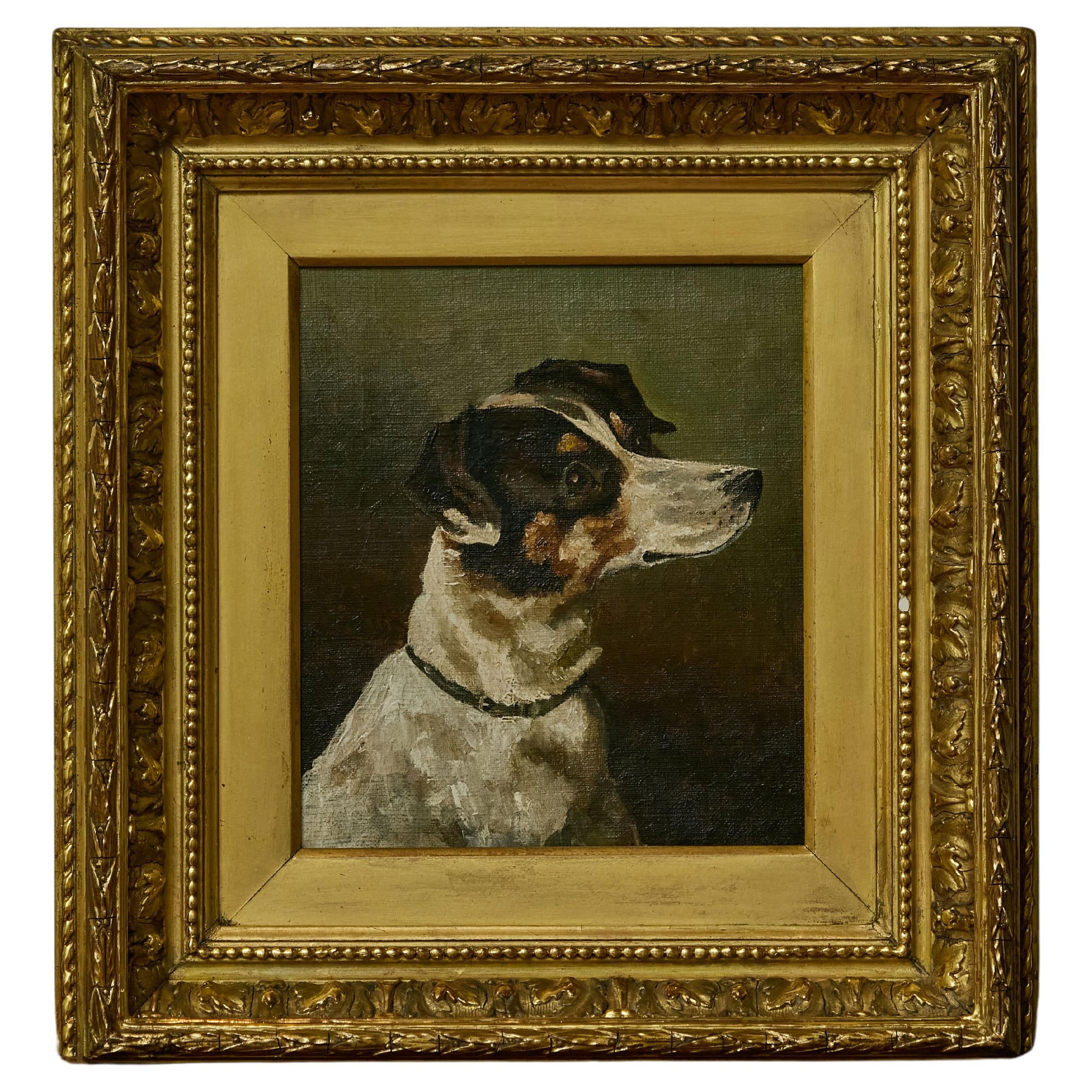 English 19th Century Oil on Canvas Painting of a Terrier Dog in Gilded Frame For Sale