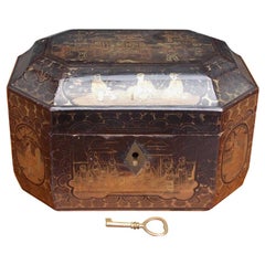 English Black Lacquered and Gilt Stenciled Figural Pagoda Tea Caddy, Circa 1810