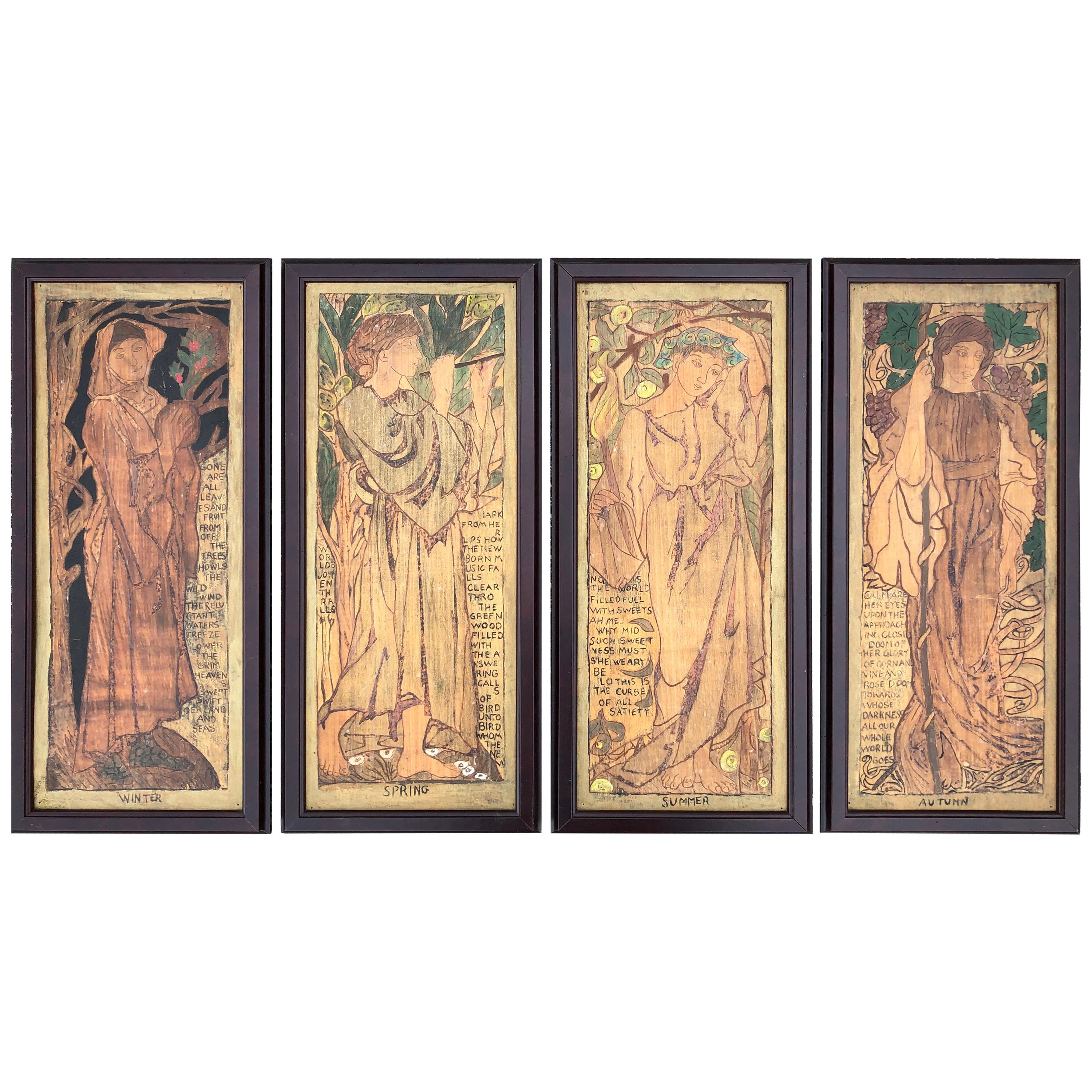 English Shakespearean Handcrafted "Four Seasons" Arts & Crafts Panel Set Four