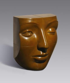 Blockhead Bronze Sculpture Contemporary Face Cubist Brown Patina