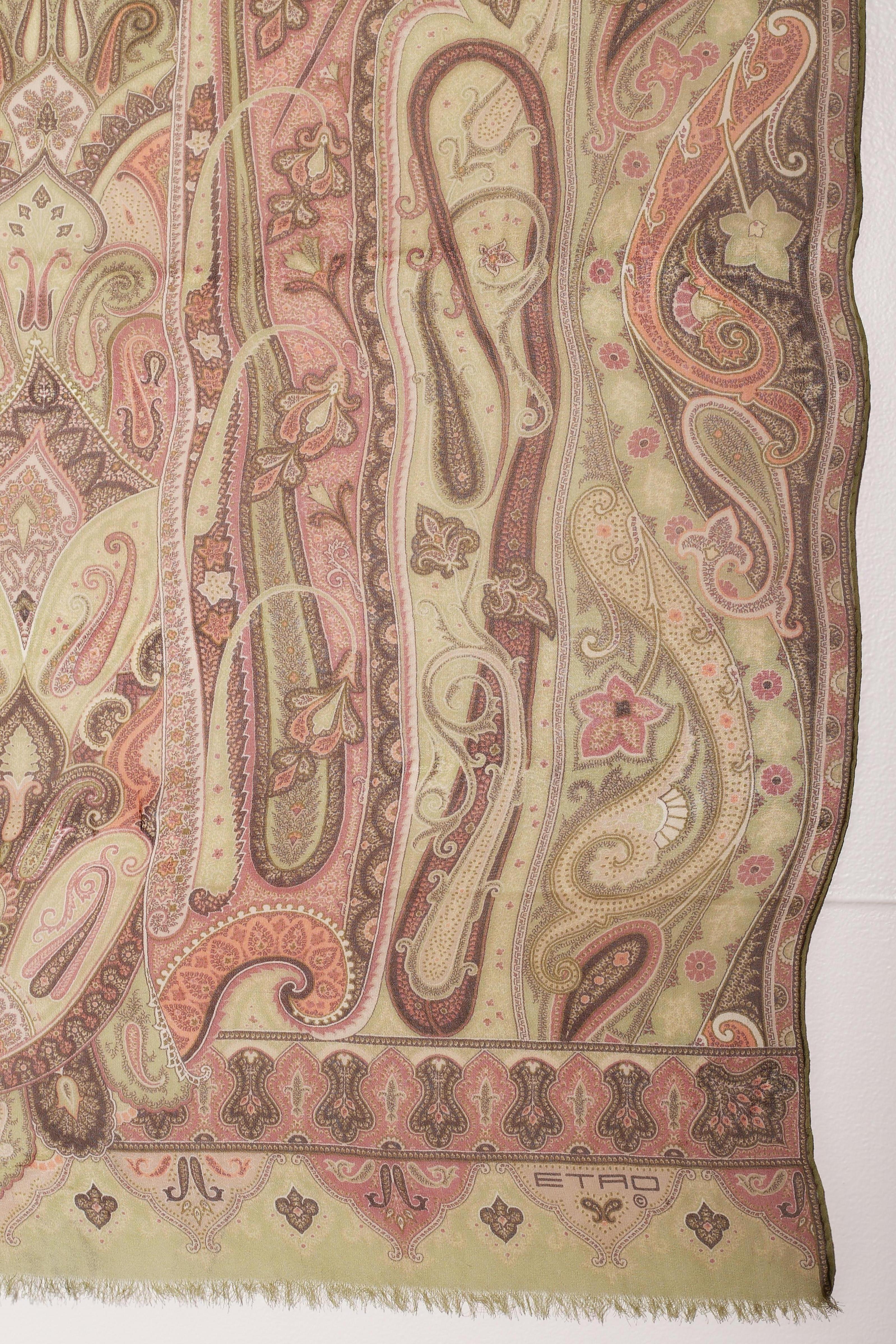  Etro Silk chiffon scarf swirling paisley patters in pastel greens For Sale 2