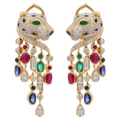 Exquisite Ruby, Emerald, Sapphire and Diamond Panther Earring in 14K Yellow Gold