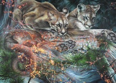 Mountain Lions of LA - Nature Inspired Painting Animal Trees Gray Gold, 2022