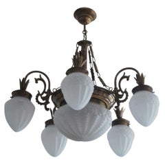 French Art Deco Frosted Glass Brass Six-Light Chandelier