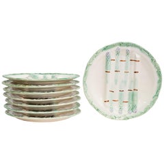 French Majolica Asparagus Plates, Set of 8