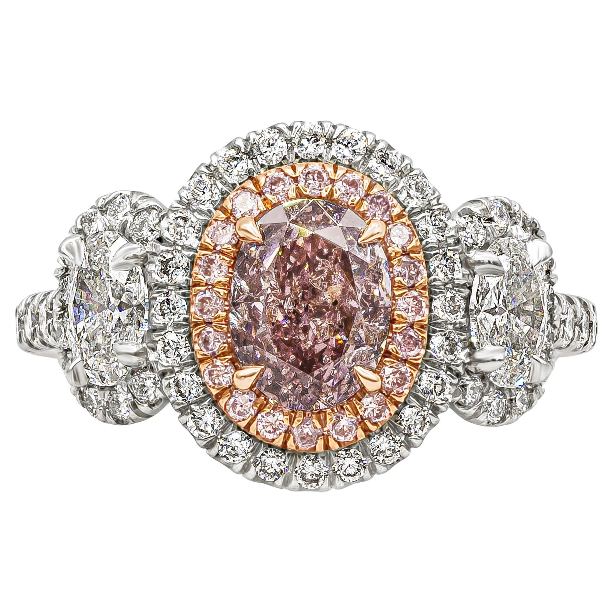 GIA Certified 1.00 Carat Oval Cut Pink Diamond Three-Stone Engagement Ring 