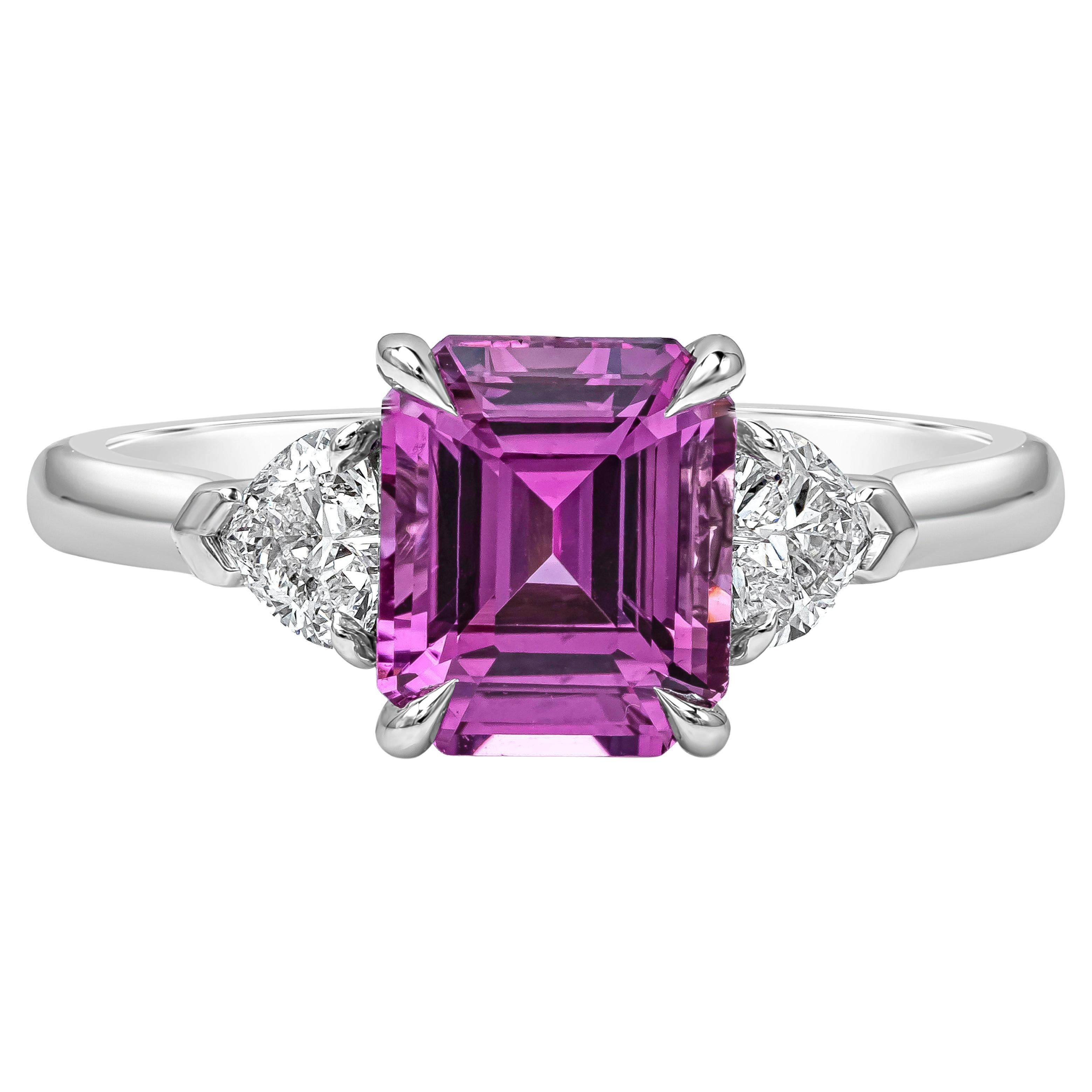 GIA Certified 2.04 Carats Emerald Cut Purple Pink Sapphire Three-Stone Ring