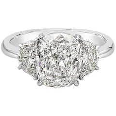 GIA Certified 3.11 Carats Cushion Cut Diamond Three-Stone Engagement Ring 