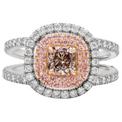 GIA Certified 0.63 Cushion Cut Pink-Brown Diamond Triple Halo Engagement Ring