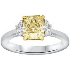 GIA Certified 2.02 Carats Radiant Cut Yellow Diamond Three-Stone Engagement Ring