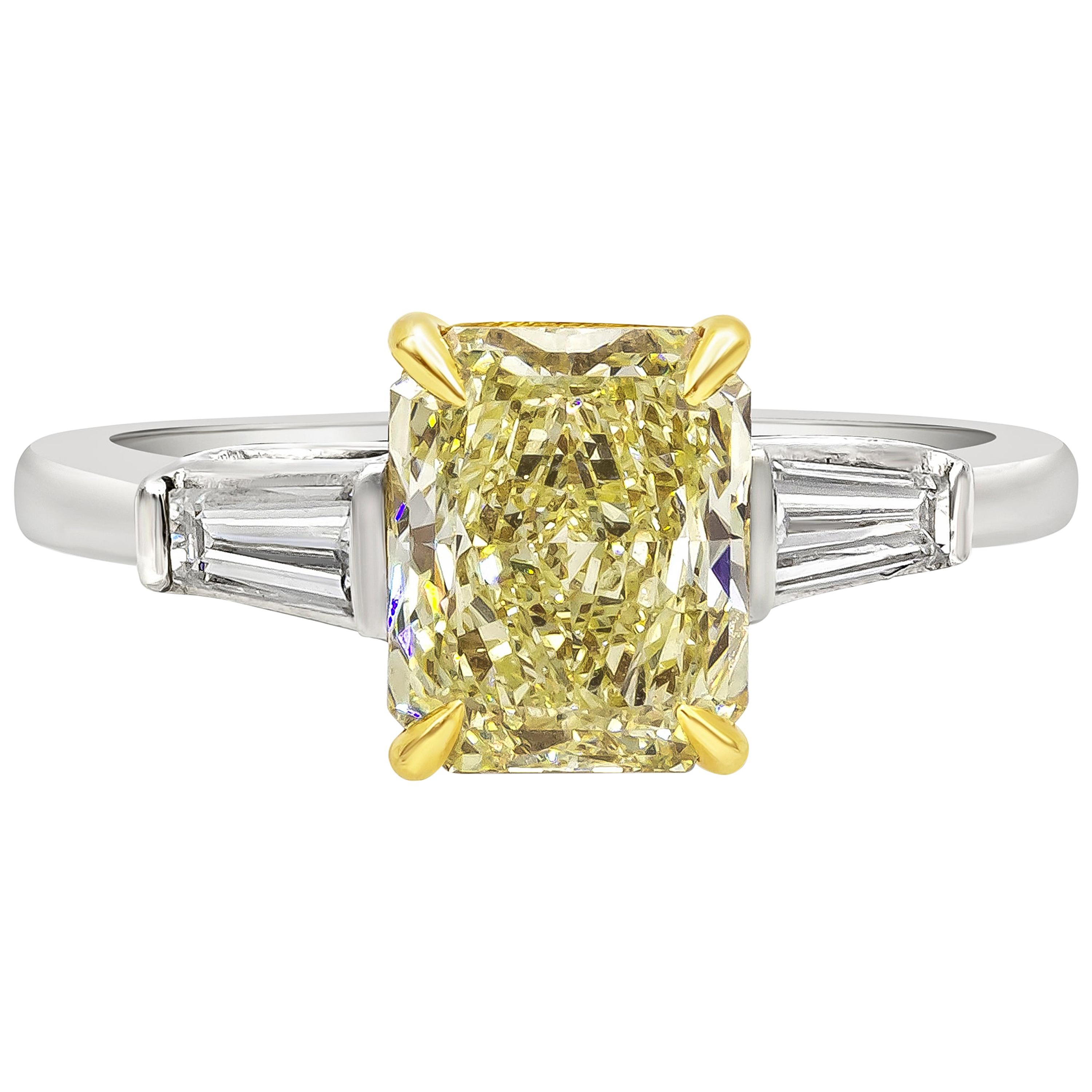 GIA Certified 2.05 Carats Radiant Cut Yellow Diamond Three-Stone Engagement Ring