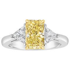 GIA Certified 2.02 Carats Radiant Cut Yellow Diamond Three-Stone Engagement Ring