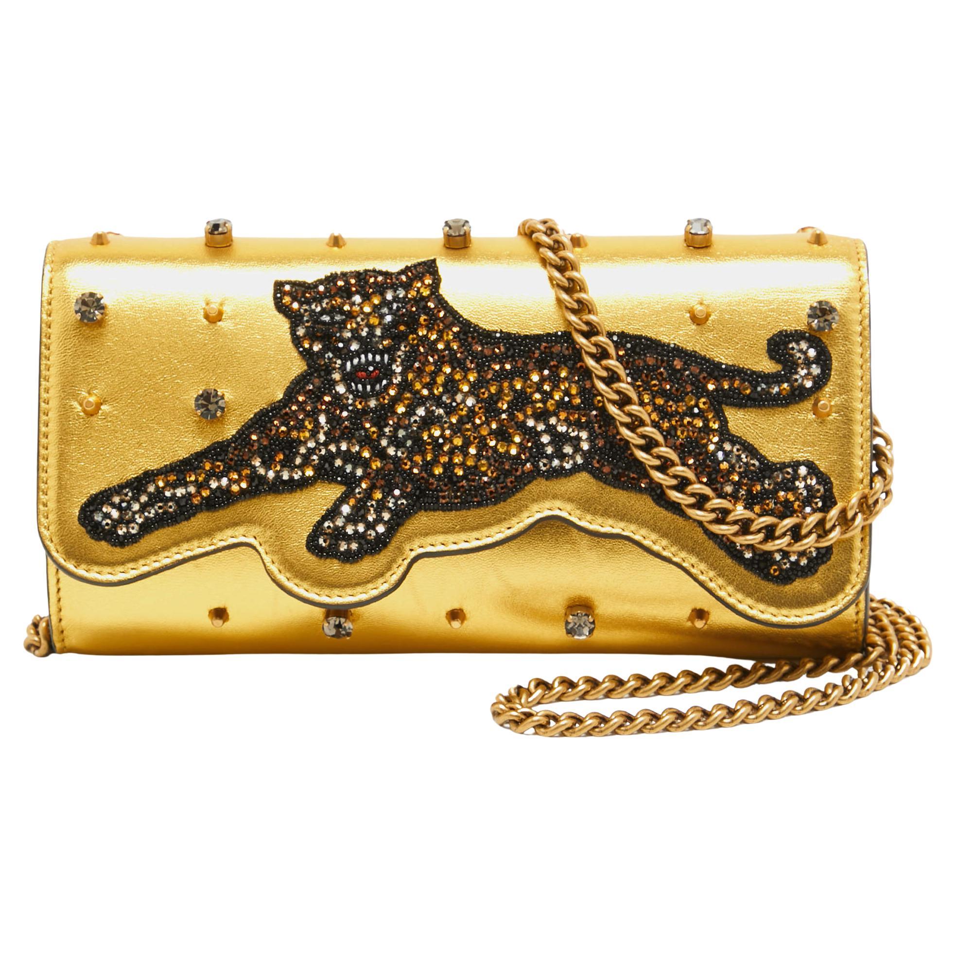 Gucci Gold Leather Embroidered Tiger Crystal Studded Chain Clutch