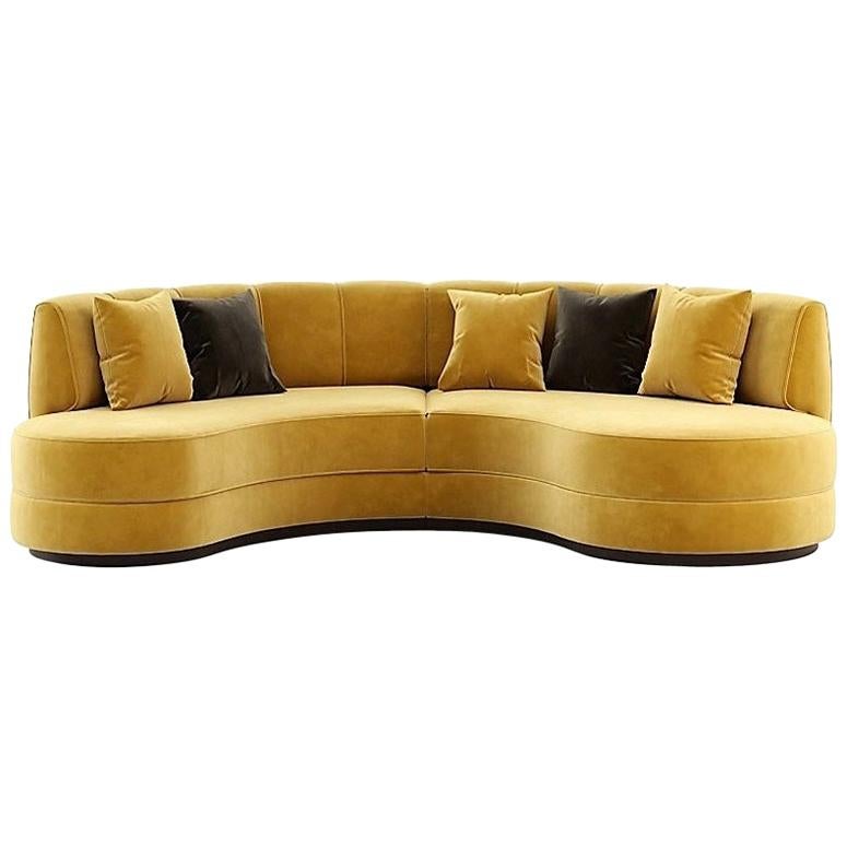 Hand-Tailored Curved Sectional Sofa in Mustard Yellow Velvet For Sale