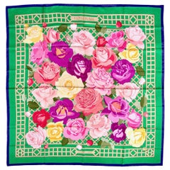 Hermès Green Pinks Blue ROSERAIE 90 cm Silk Scarf Christiane Vauzelles 1990