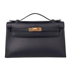 Hermes Kelly Pochette Bag Black Swift Clutch Gold Hardware