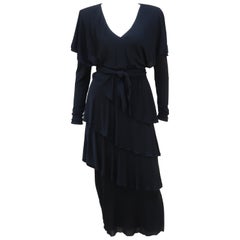 Holly's Harp Tiered Black Silk Jersey Cocktail Dress, C.1980 