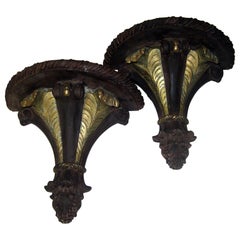 Hollywood Regency Pair of Grosfeld House Style Carved Wall Brackets Plume Motif