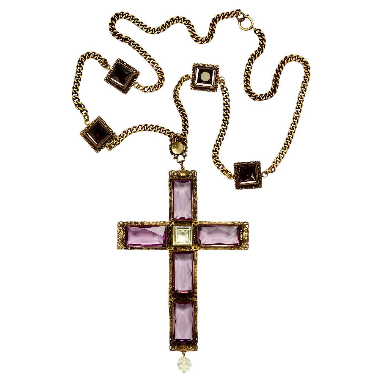 Joseff of Hollywood Gold Plated Mauve and Clear Crystal Cross Necklace 1940s  