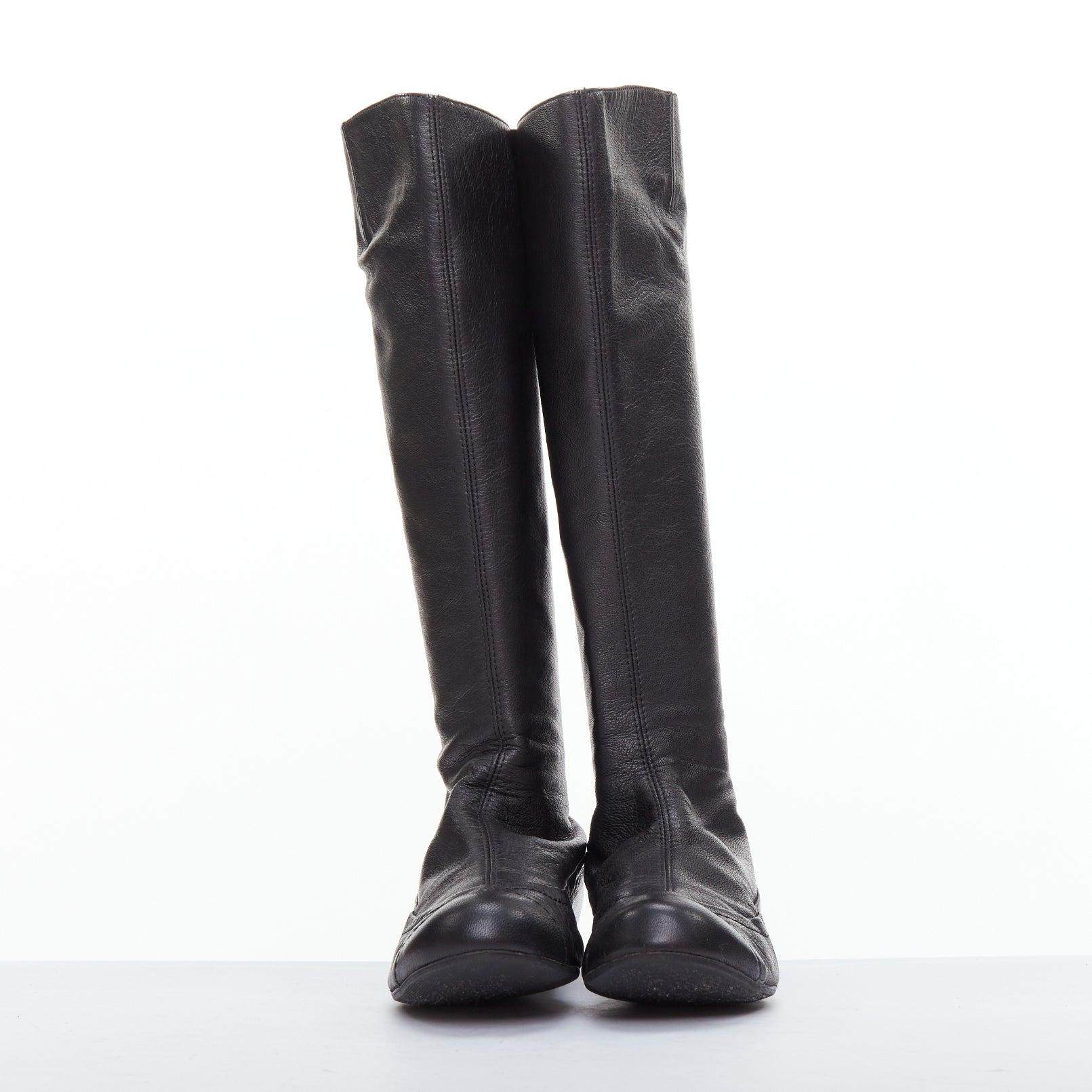 Black LANVIN black soft leather round toe panelled flat long boots For Sale