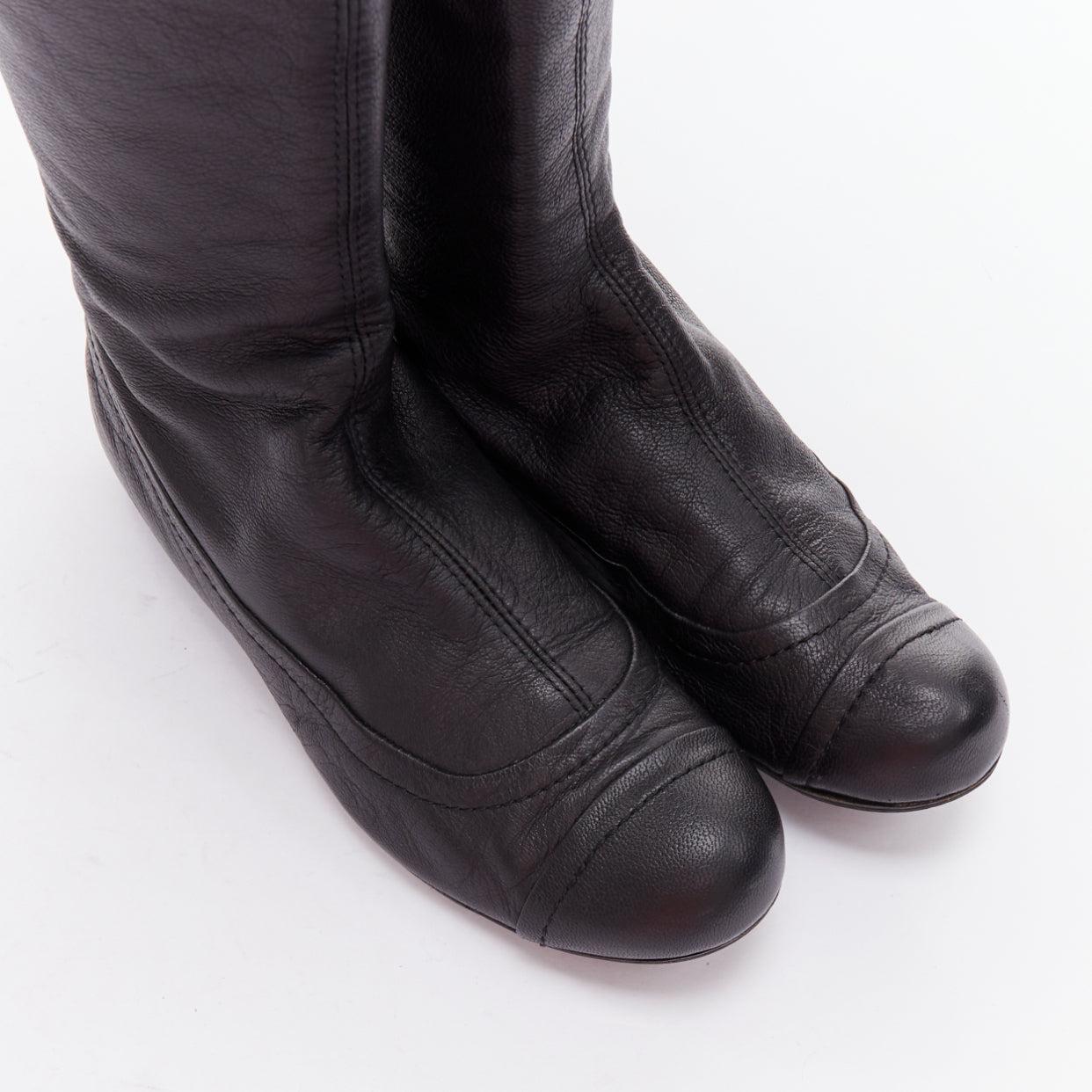 LANVIN black soft leather round toe panelled flat long boots For Sale 2